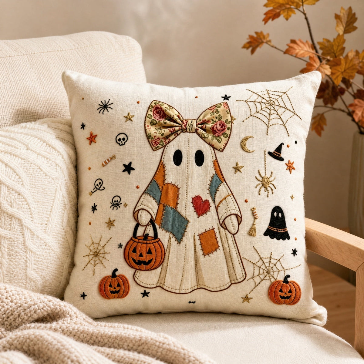 Cute Reading Ghost Plush Throw Pillow, Halloween Book & Pumpkin Bucket Ghost Stuffed Cushion, Spooky Season Decorative Pillow, for Sofa, Bedroom, Party Decor