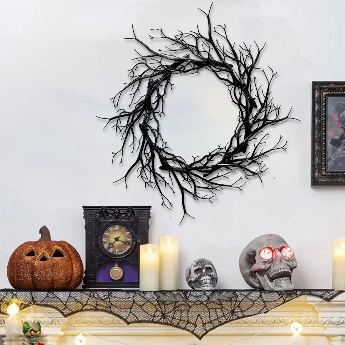 Halloween Wreath, Black Twig Wreath for Front Door, Artificial Spooky Branch Decor for Indoor Outdoor Home Party, Wall Hanging Ornament
