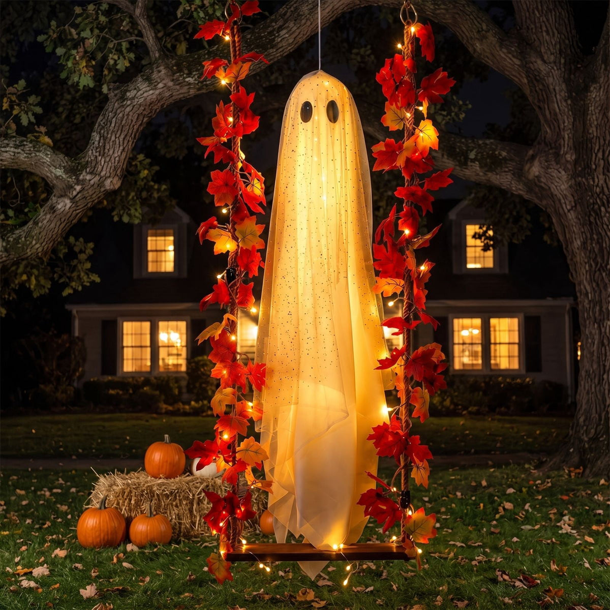 Clearance 5 FT Hanging Ghost Decor,Early Halloween Decorations Light-Up Flying Ghost on Broomstick with Witch Hat, Witch Broom, Spooky Cute Outdoor Halloween Decorations for Front Porch Yard Tree