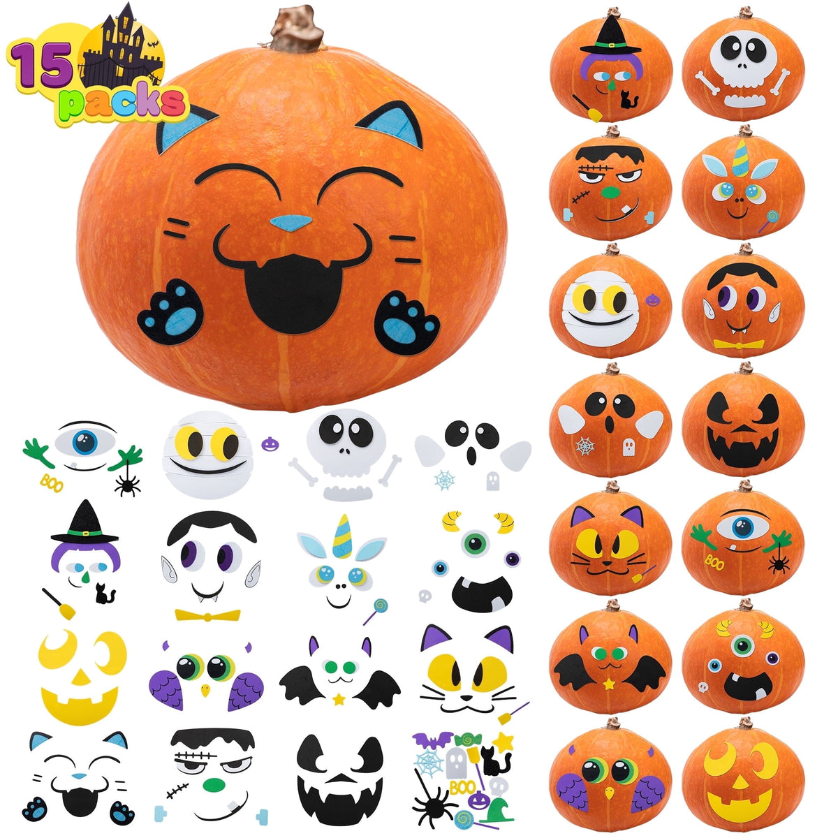 Joyfy 16 Faces Halloween Pumpkin Decorations Stickers Foam Craft Kit, 18 Sheets 16 Designs Halloween Party Favors for Kids, Party Supplies Arts Activities, Jack O Lantern Face Sticker School Gifts
