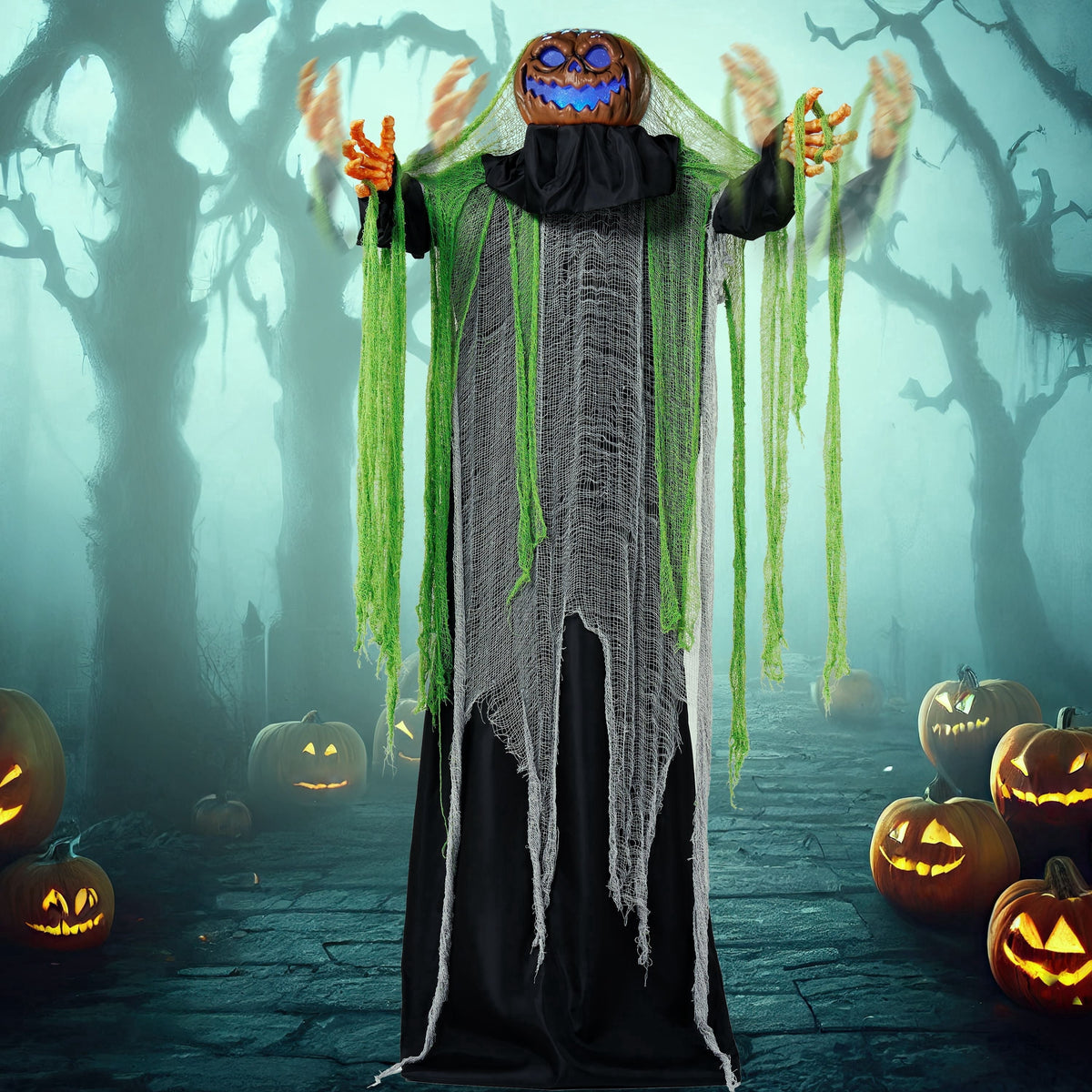 Joyfy Halloween Decorations Outdoor, 72"(6ft) Light Up Animated Scary Decorations Pumpkin Ghost with Sound Activation,Animatronics Pumpkin Decorations for Haunted House Prop Yard Decor