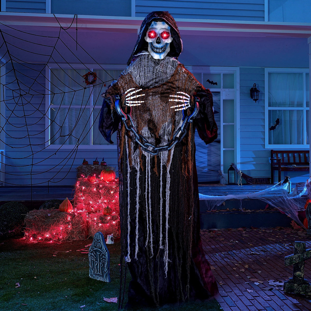 Joyfy Halloween Decorations Outdoor, 72"(6ft) Light Up Animated Scary Decorations Pumpkin Ghost with Sound Activation,Animatronics Pumpkin Decorations for Haunted House Prop Yard Decor