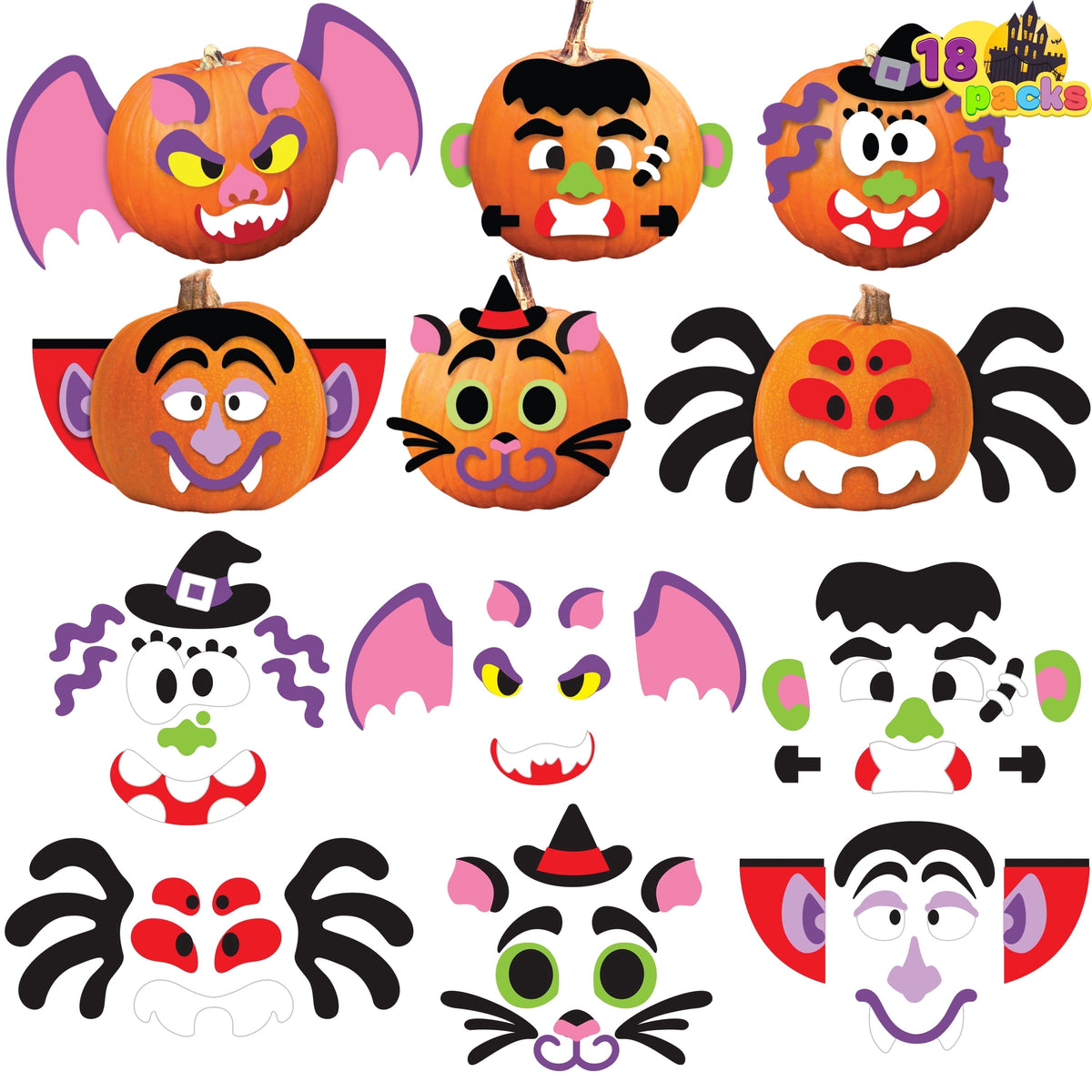 Joyfy 16 Faces Halloween Pumpkin Decorations Stickers Foam Craft Kit, 18 Sheets 16 Designs Halloween Party Favors for Kids, Party Supplies Arts Activities, Jack O Lantern Face Sticker School Gifts