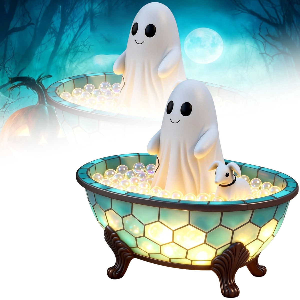 Fwttom Ghost Night Light, Halloween Lights Cute Ghost Reading Book Lamp, Halloween Decorations Indoor Light Up Ghost Statue Ghost Light for House Mantel Bedside