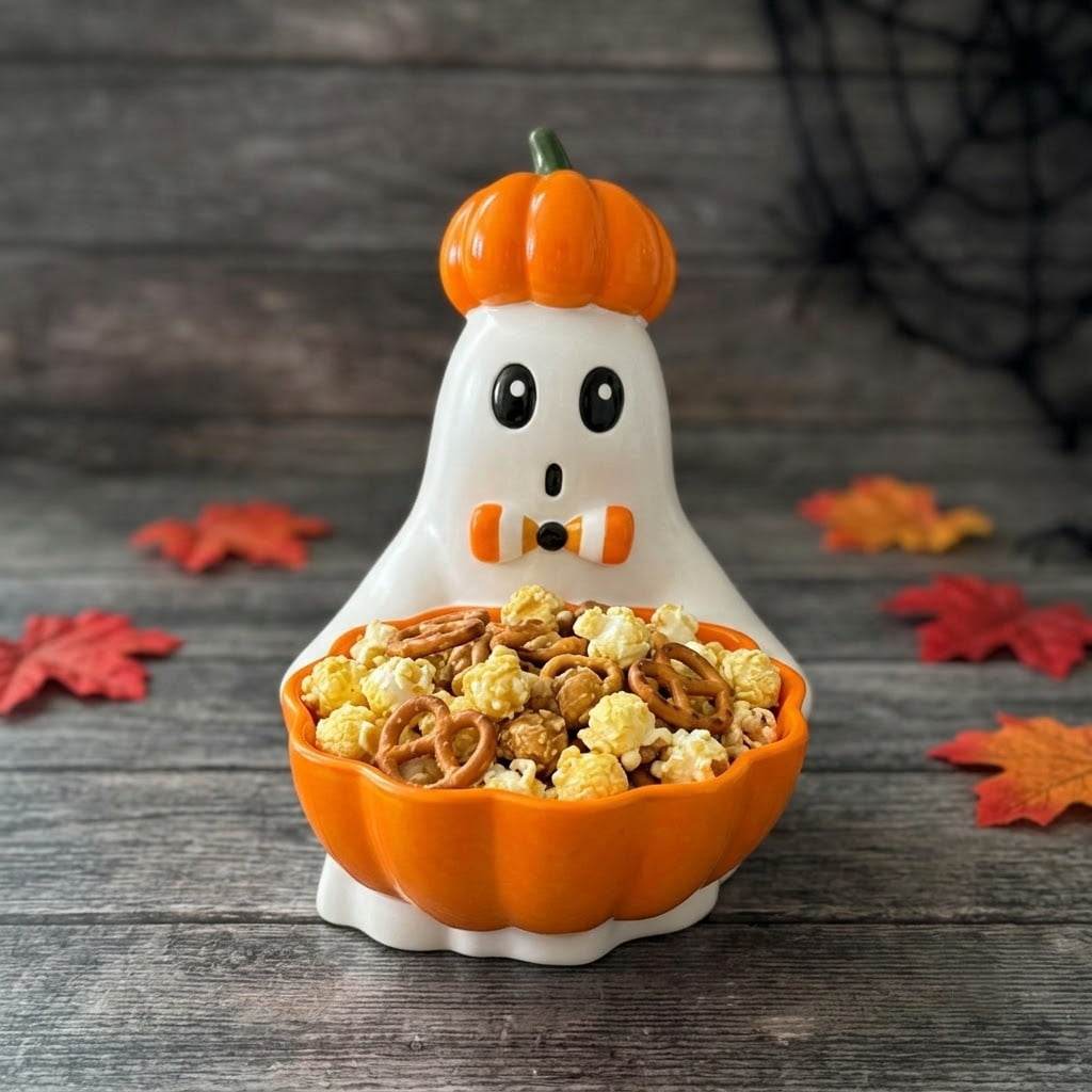 Diceymbol Halloween Pumpkin Snack Bowl Stand Collapsible Broomstick Candy Tray for Cupcakes & Desserts, Resin Serving Platter with Ceramic Pumpkin Bowls