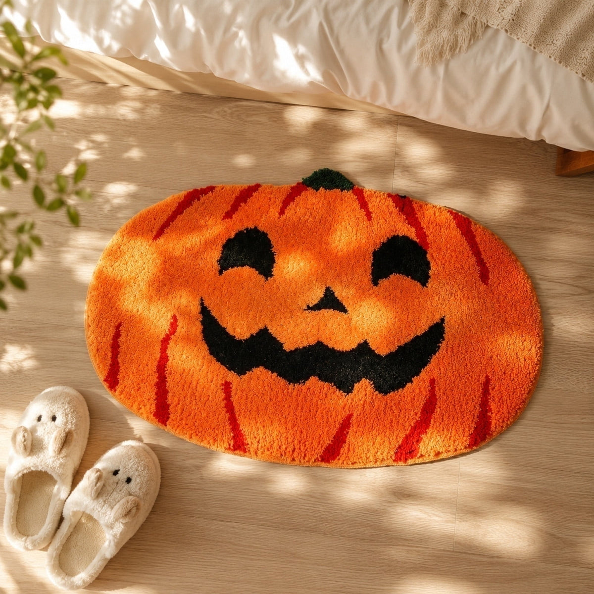 Liamobondopolis Halloween Floor Mat Jack O Lantern Shaped Tufted Non Slip Rubber Back Halloween Decor for Bathroom Entryway Halloween Party Decorations 23.62In X 15.75In