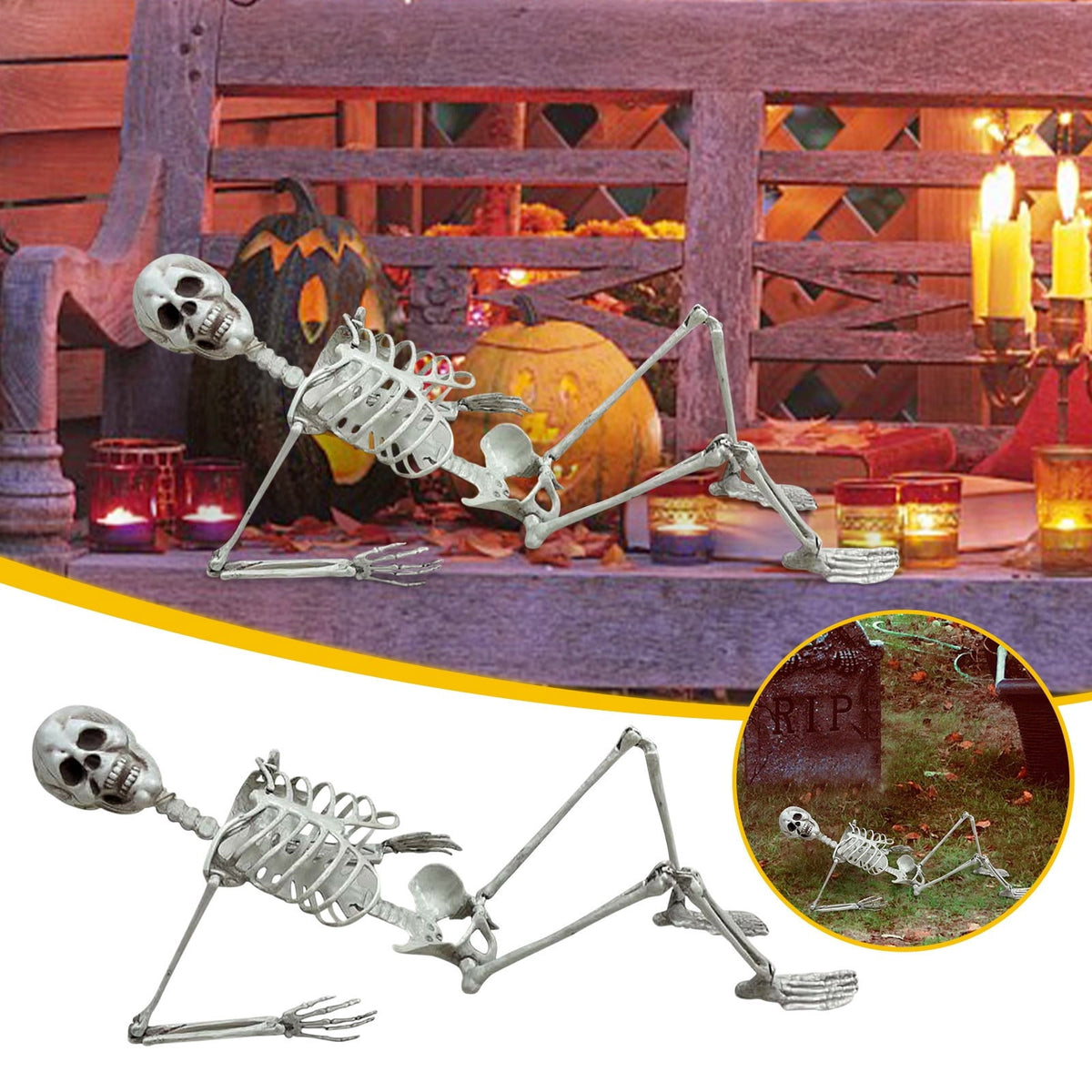 3ft Posable Skeleton Prop, Life Size Full Body Plastic Halloween Skeleton Decor with Movable Joints for Indoor Outdoor Yard and Party Display