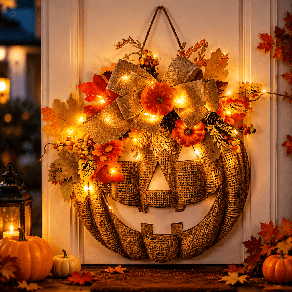 Lighted Burlap Pumpkin Wreath, 13.78-Inch LED Fall Door Decor with Wooden Pumpkin,Burlap Bow,Maple Leaves and Berries for Halloween Thanksgiving Porch