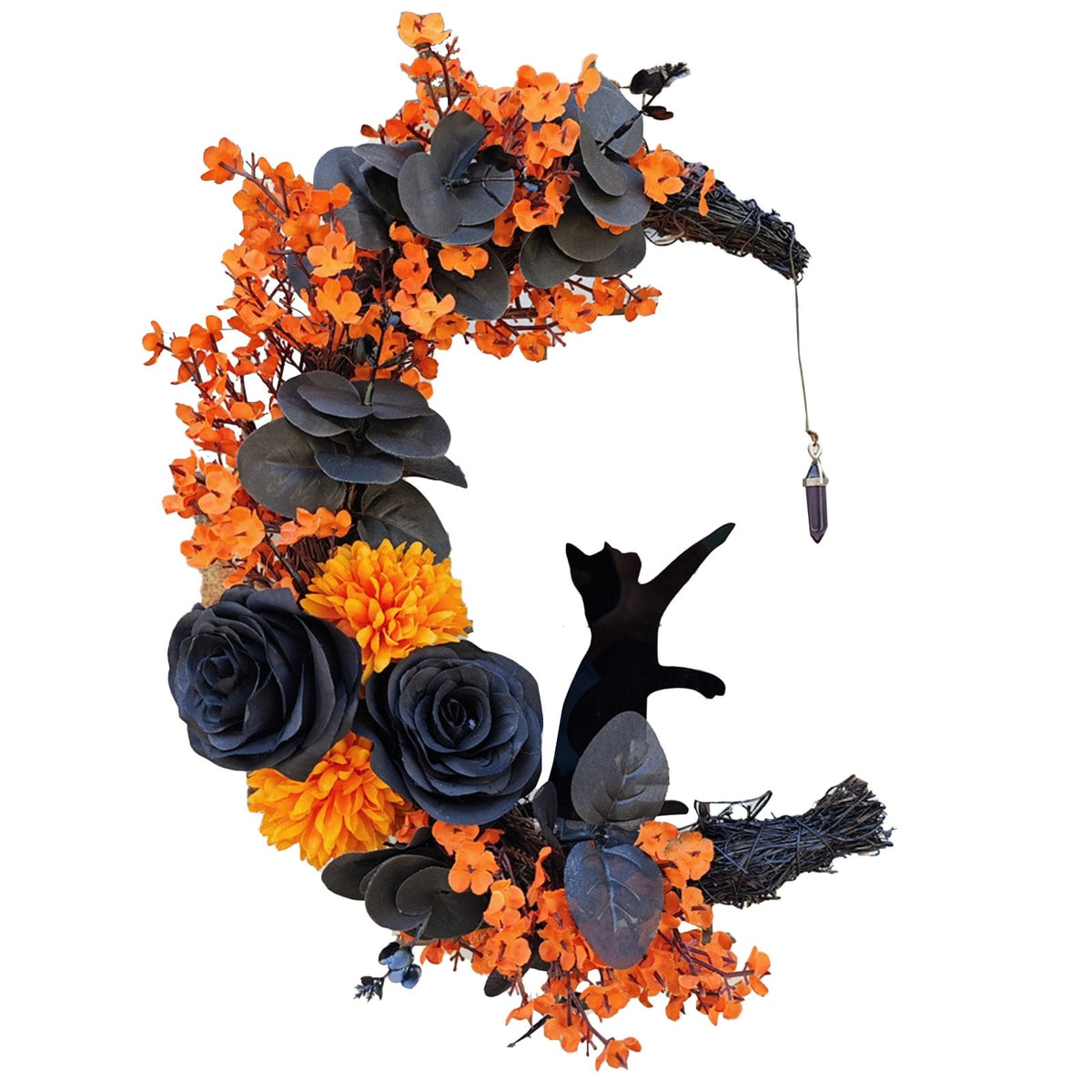 Lighted Halloween Wreath - Black Cat & Crescent Moon Design with LED Lights for Front Door, Porch & Wall Gothic Decor