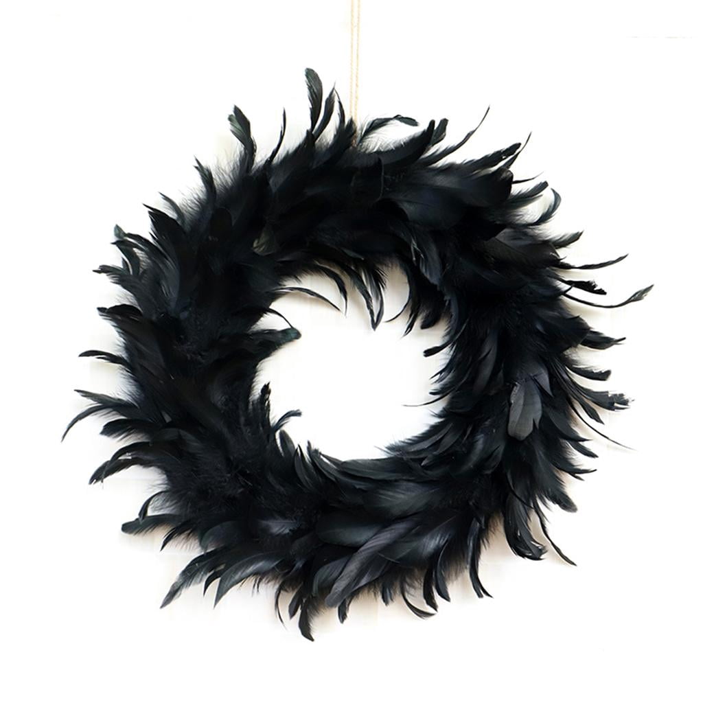 Milue 15.7in Natural Feathers Wreath Front Door Black Feather Wreath Spooky Scene Party Favors for Porch Halloween Decoration