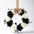 Halloween Rose Wreath, 11.81 Inch Black & White Artificial Flower Wreath with Burlap Bow, Gothic Front Door Wall Hanging Decor for Fall Autumn Home, (1PC)
