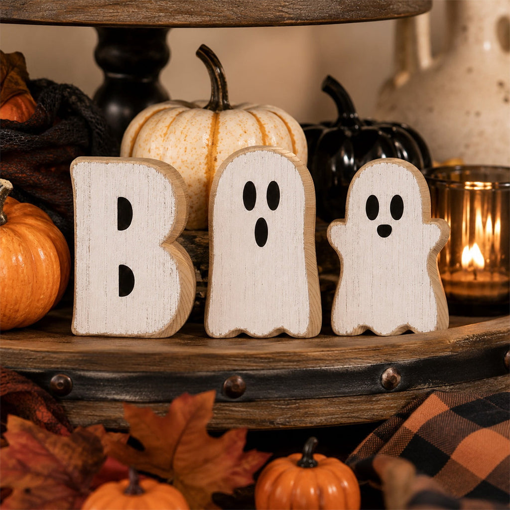 Miwamany 3 Pack Spooky Cute Ghost Wooden Figurine Set, Freestanding Lightweight Tabletop Ornament, Reusable Festival Decor for Home Kitchen Office Tiered Tray Halloween Centerpiece