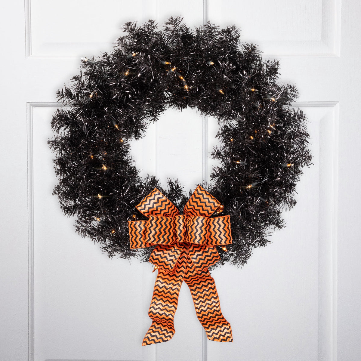 Northlight Pre-Lit Artificial Halloween Tinsel Wreath - 24" - Black - Clear Lights