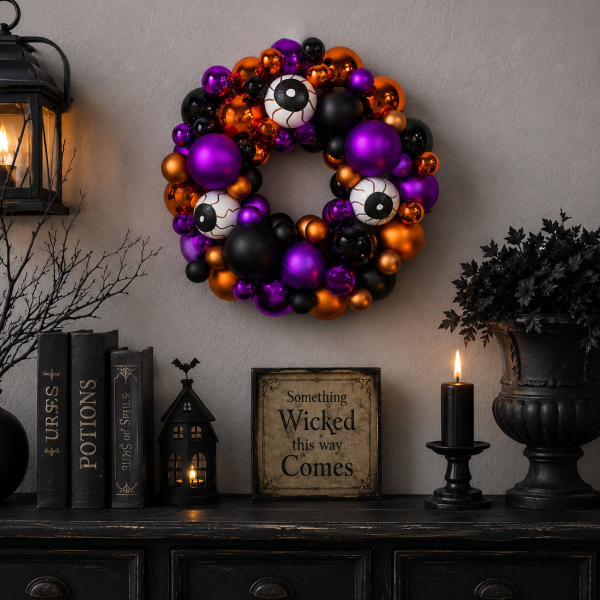 Northlight Eyeballs and Shatterproof Ornaments Small Halloween Wreath - 13" - Purple and Black -