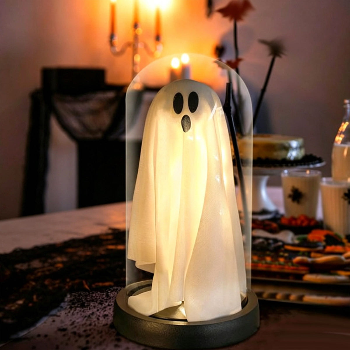 Orangide Halloween Ghost Cloche Night Light Fabric Ghost Lamp with Glass Dome for Mantel Shelf Spooky Party and Home Decor Ornament