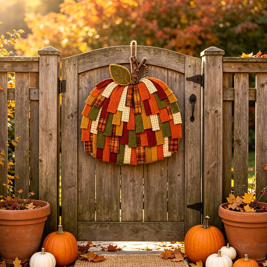 Patchwork Pumpkin Door Hanger Fall Layered Fabric Front Door Wreath Farmhouse Autumn Wall Hanging Decor for Home Porch Courtyard Harvest Festival Thanksgiving Halloween