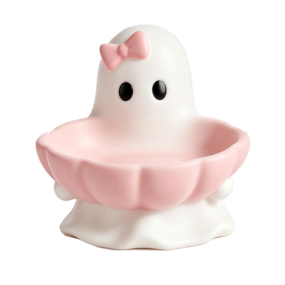 Pink Halloween Decor Ghost Candy Bowl Figurine with Bow and Scalloped Holder for Indoor Tabletop Decor and Party Favor Display
