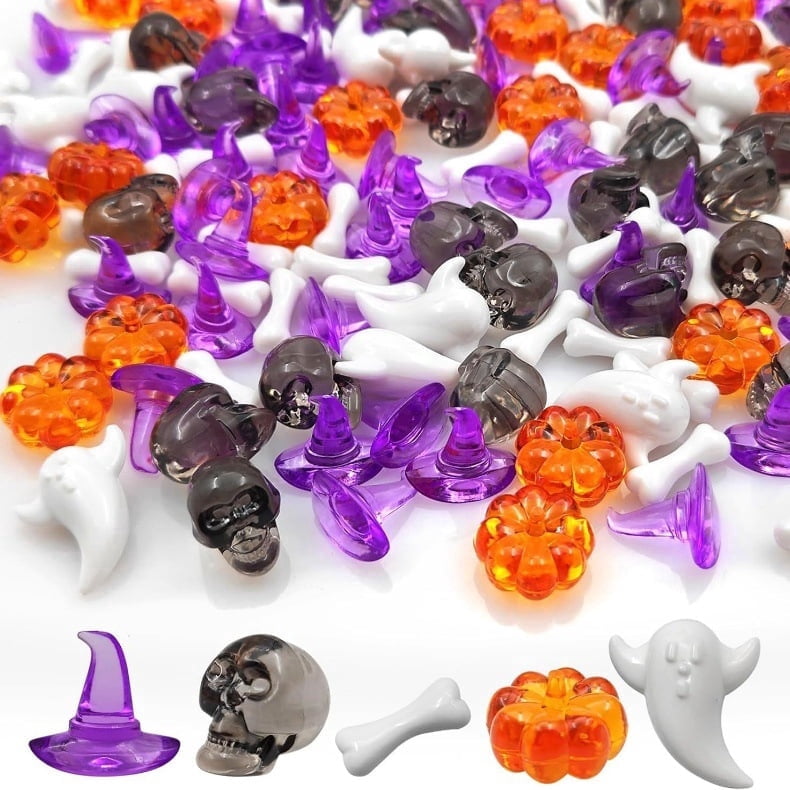 SINKOO Halloween Decor Vase Fillers, Mini Acrylic Skeleton Ghost Skull Witch Hats Pumpkin for Halloween DIY Crafts Home Table Scatters, About 110 pcs