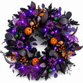 SLUMLOVE 22 in Lighted Halloween Wreath, Black and Purple Pumpkin Door Decor for Front Door, Porch, Wall, Indoor and Covered Outdoor