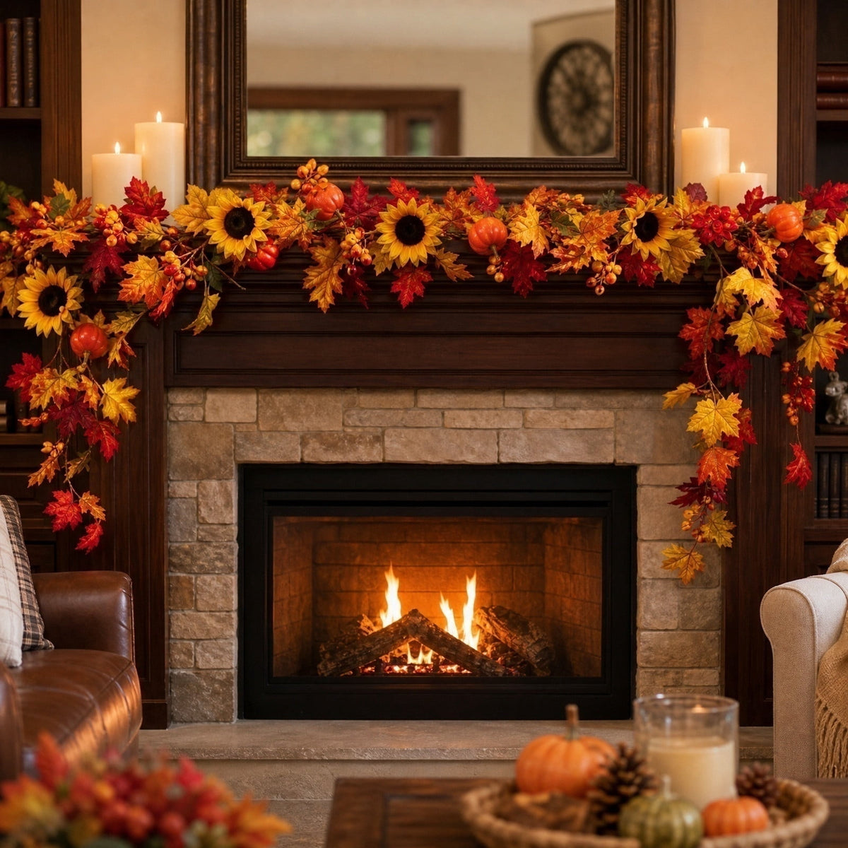 SPOORYYO 2Pcs Fall Maple Leaves Stems for Vase, Artificial Autumn Fake Leaves Decor, Maple Leaf Bushes Shrubs for Thanksgiving Halloween Home Farmhouse Table Centerpiece, 12.99" x 7.87"