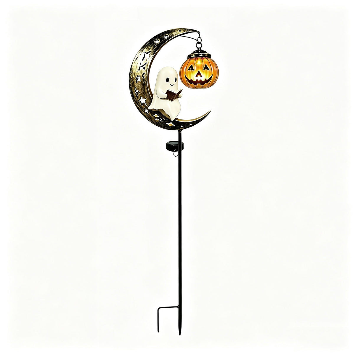 Solar Halloween Metal Moon Black Cat Garden Stake with LED Pumpkin Lantern, Light Up Star Bat Yard Decor Stake, Spooky Outdoor Lawn Pathway Halloween Decoration