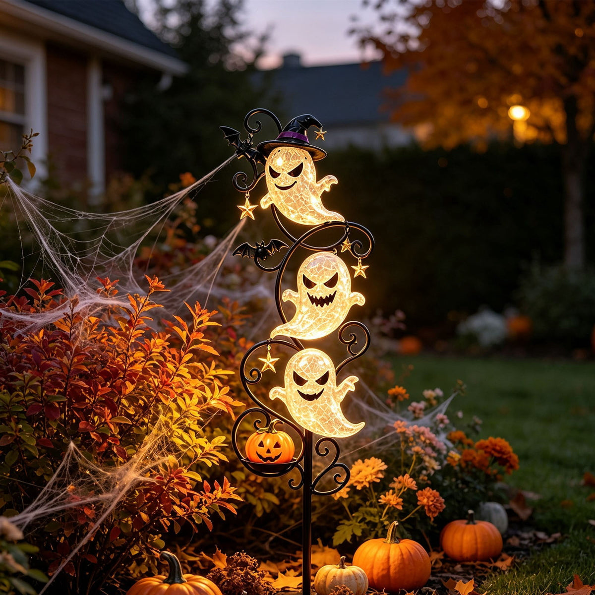 Solar Halloween Metal Moon Black Cat Garden Stake with LED Pumpkin Lantern, Light Up Star Bat Yard Decor Stake, Spooky Outdoor Lawn Pathway Halloween Decoration