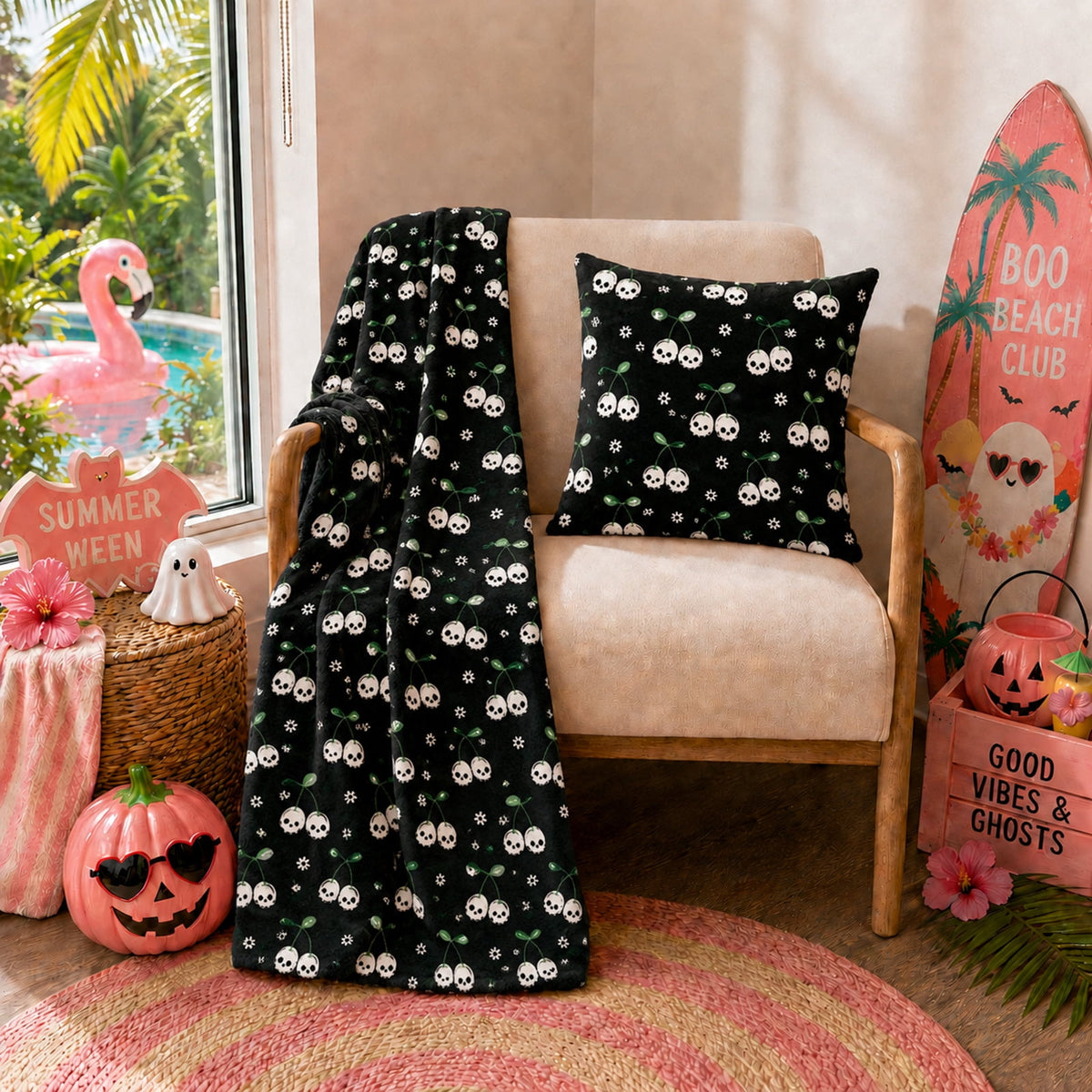 Summerween Oversize Super Soft Plush Throw Blankets, Summer Patio Pool Halloween Throws, RETIREMENT GHOST