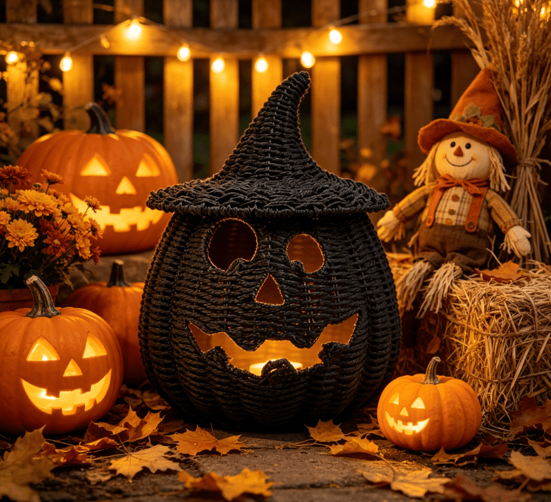 THOPBPRK 2026 Black Halloween Woven Pumpkin Jack-O'-Lantern, Halloween Decorations Pumpkin, USE LED Candle, Rattan Fall Halloween Decor for Home, 1Pack 11.8 Inch A