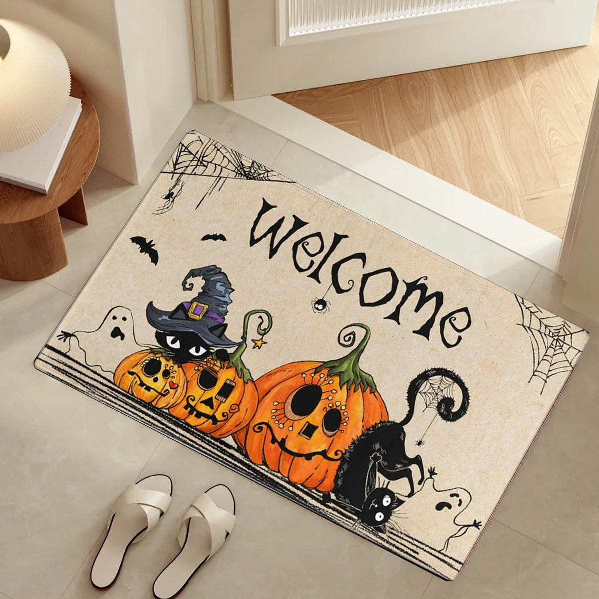 TOPRenddon Happy Halloween Door Mat, Front Door Mat Non Slip, Welcome Skull Ghost Yard Floor Doormat Kitchen Entry Outdoor Indoor Entrance