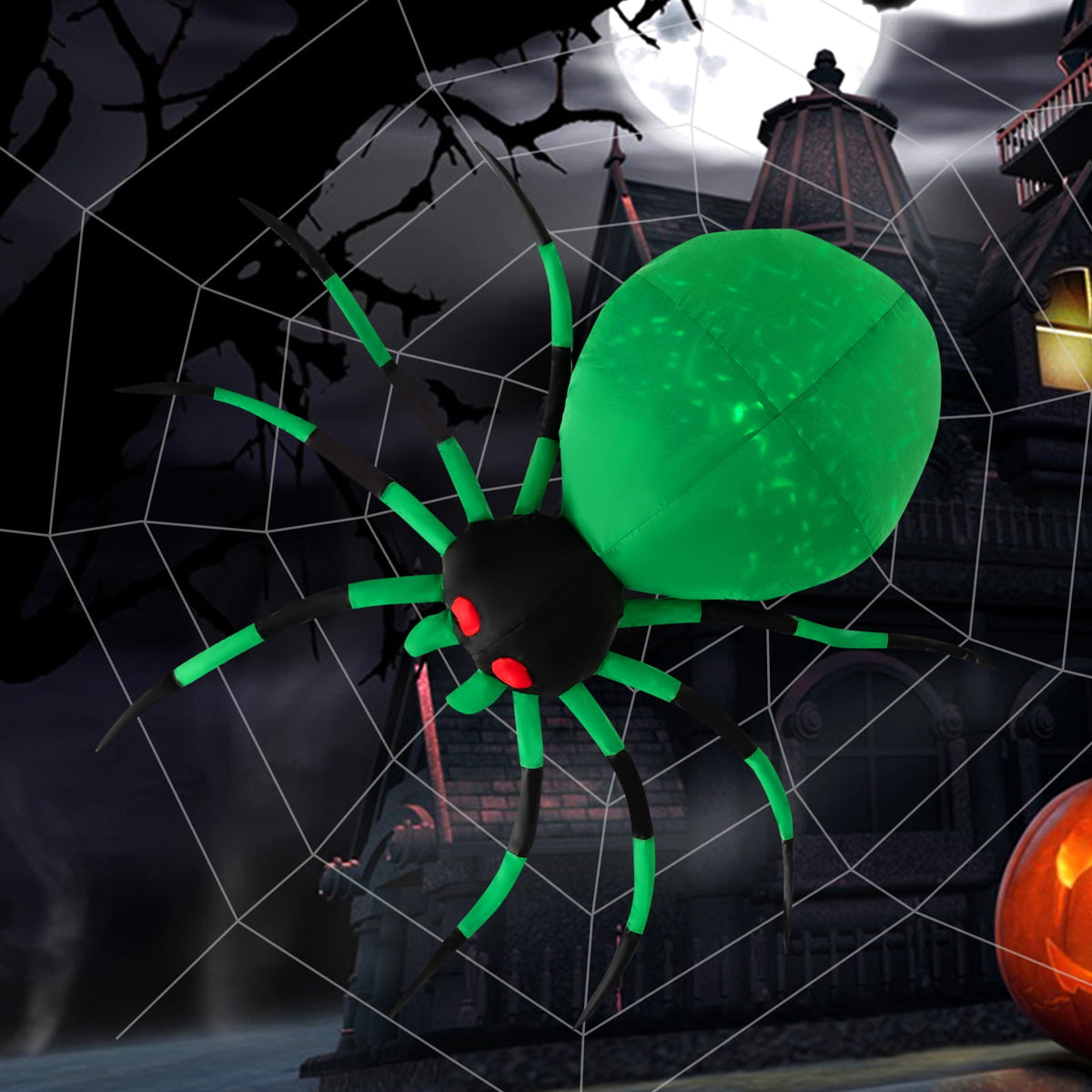 Patiojoy Halloween Inflatable Spider with Cobweb Creepy Blow-up Spider with LED Rotating LED Light Green Black Legs Waterproof Halloween Decoration