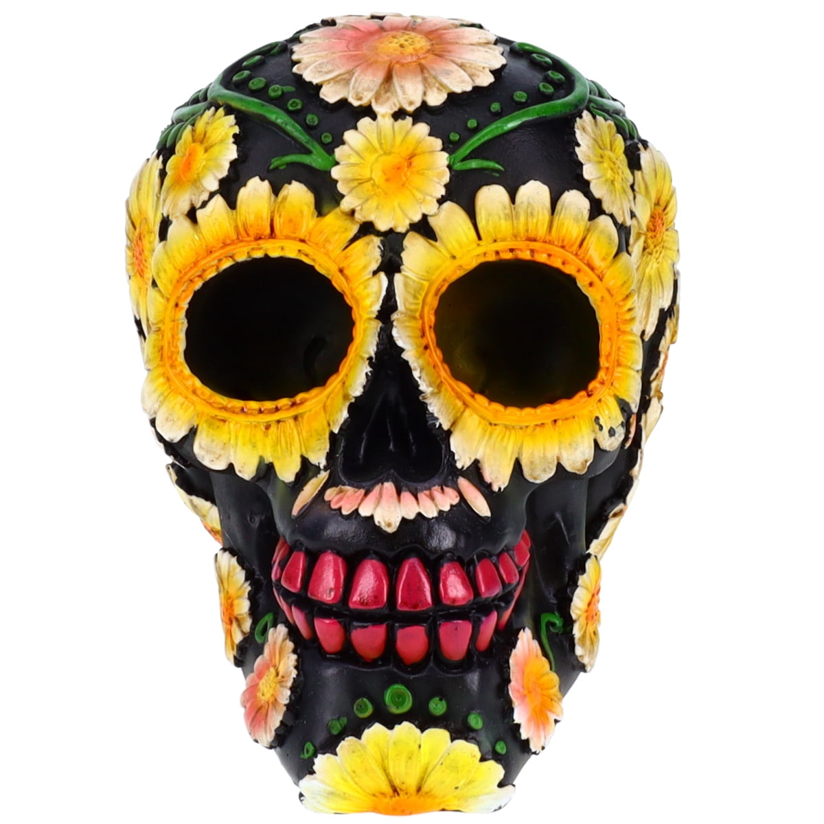 Resin Sugar Skull Black Day of the Dead Skull 2 P754754 - Sunflower Halloween Decoration Gothic DOD Skeleton Head Dia de los Muertos - Sunflowers