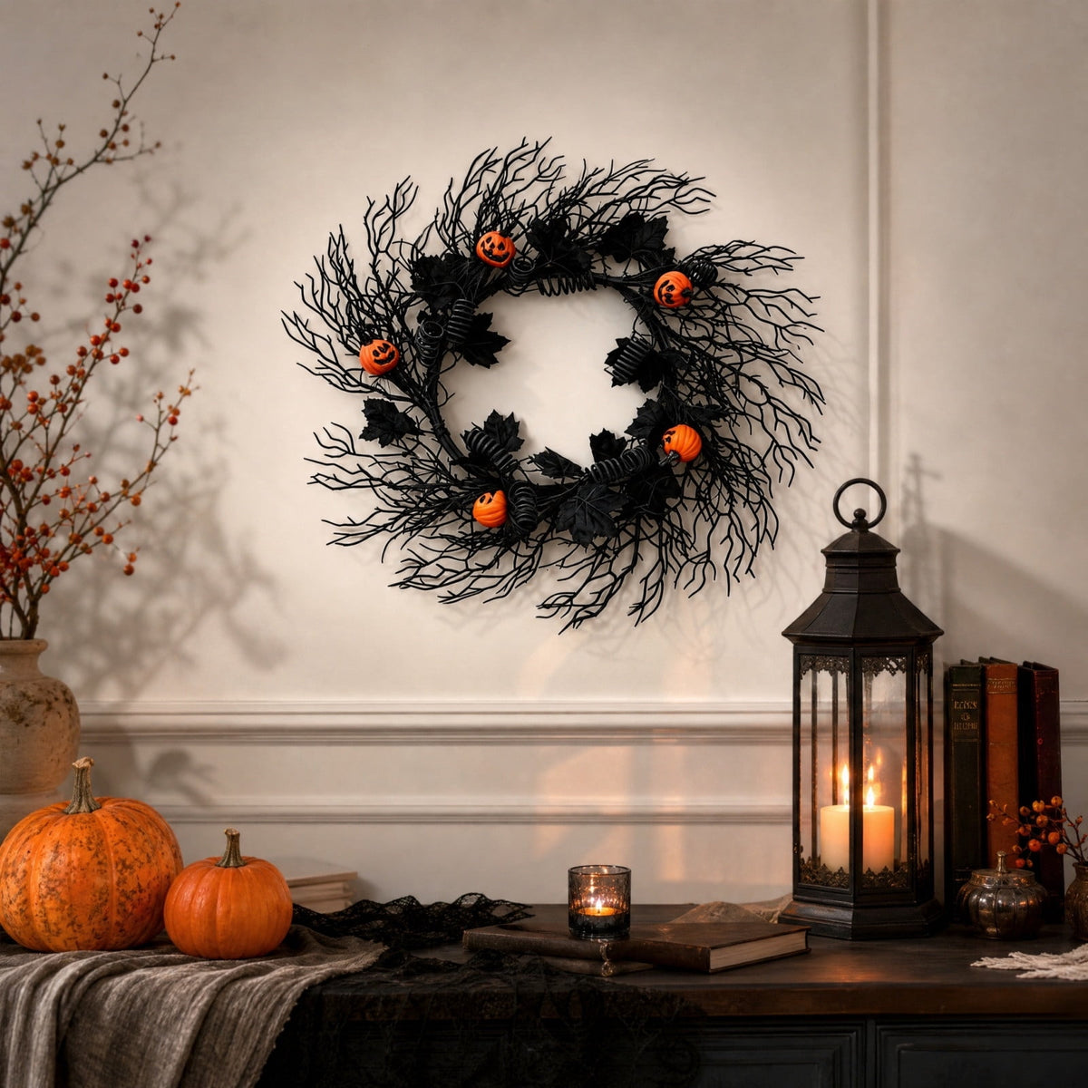 WWC Halloween Wreath, 18 inch Black Bats and Bare Branch Wreath, Gothic Halloween Decor Twig Wreath for Halloween Party Front Door Porch and Fireplace
