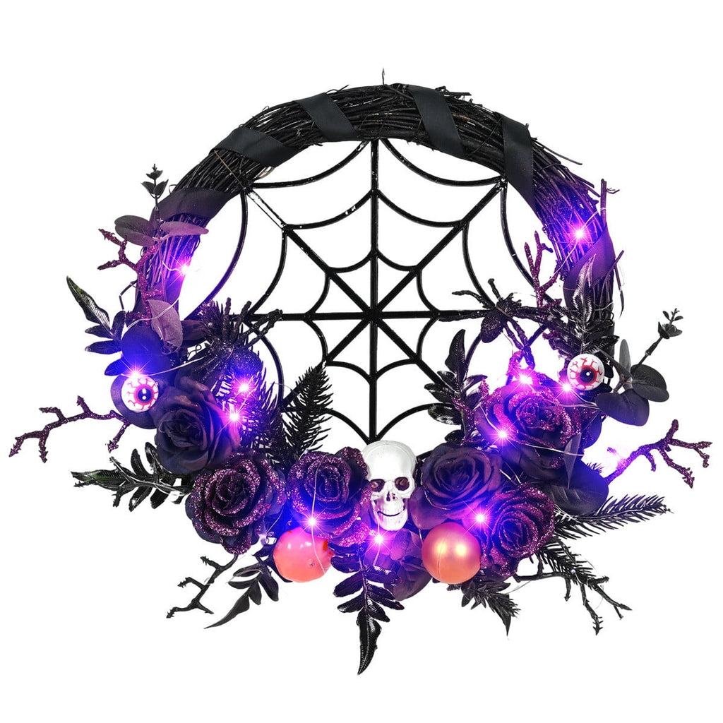 SDJMA Halloween Wreath Front Door Decoration, 18'' Artificial Skull Wreathhandmade Black Grapevine Wreath With Pumpkin Rose Spider, For Indoor Outdoor Home Halloween Party Decoration