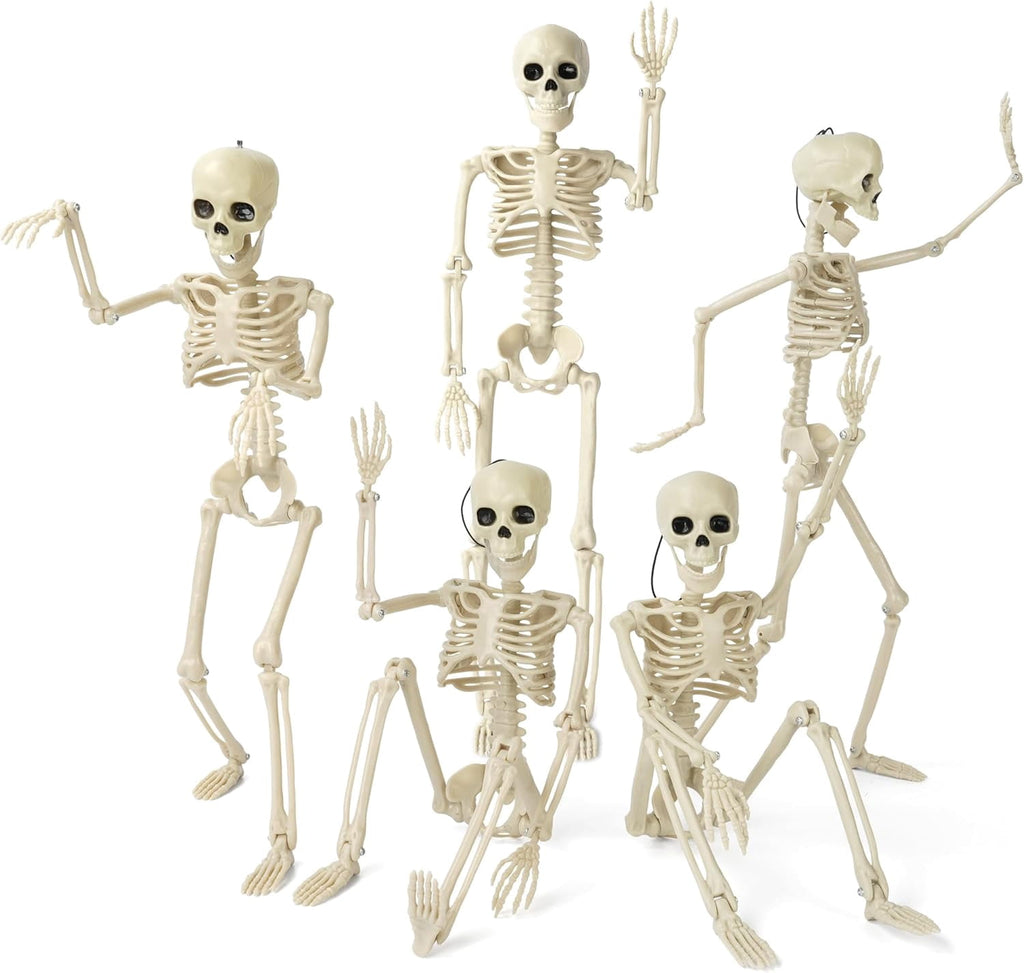 XZKING 5 Pack Halloween Skeleton Decorations, 16" Full Body Plastic Mini Little Skeleton Posable Joints Poseable Skeleton for Skeleton Halloween Party Hanging Decoration