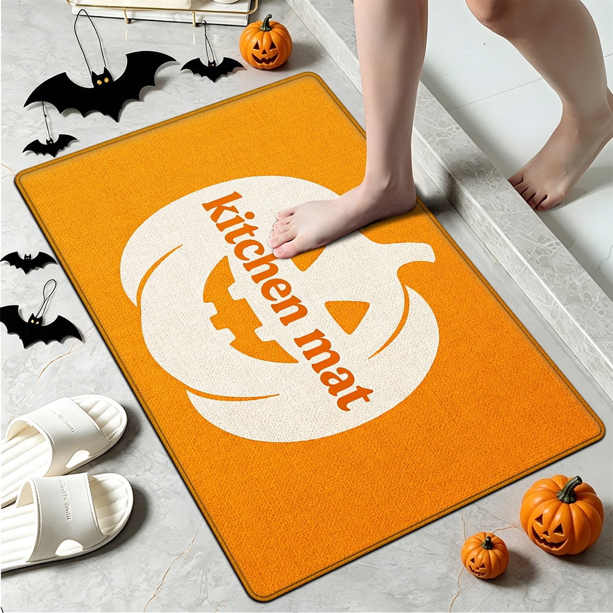 YIMEIS Halloween Orange Ghost Pumpkin Black Cat 1Pc Flannel Mat & Kitchen Rugs,Soft Non-slip,16''×24'' Inches,for Entryway Bathroom