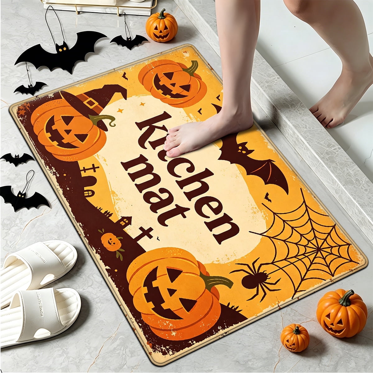 YIMEIS Halloween Orange Pumpkin Lantern Soft Non-slip 1Pc Flannel Mat and Kitchen Rugs,16''x24'',for Bathroom Entryway Bedroom