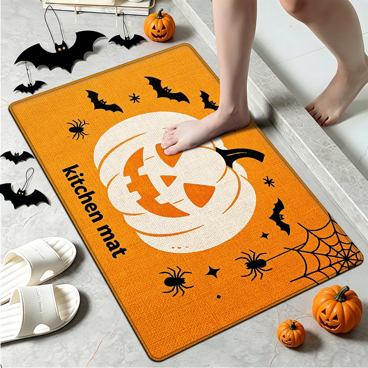 YIMEIS Halloween Orange Ghost Pumpkin Black Cat 1Pc Flannel Mat & Kitchen Rugs,Soft Non-slip,16''×24'' Inches,for Entryway Bathroom