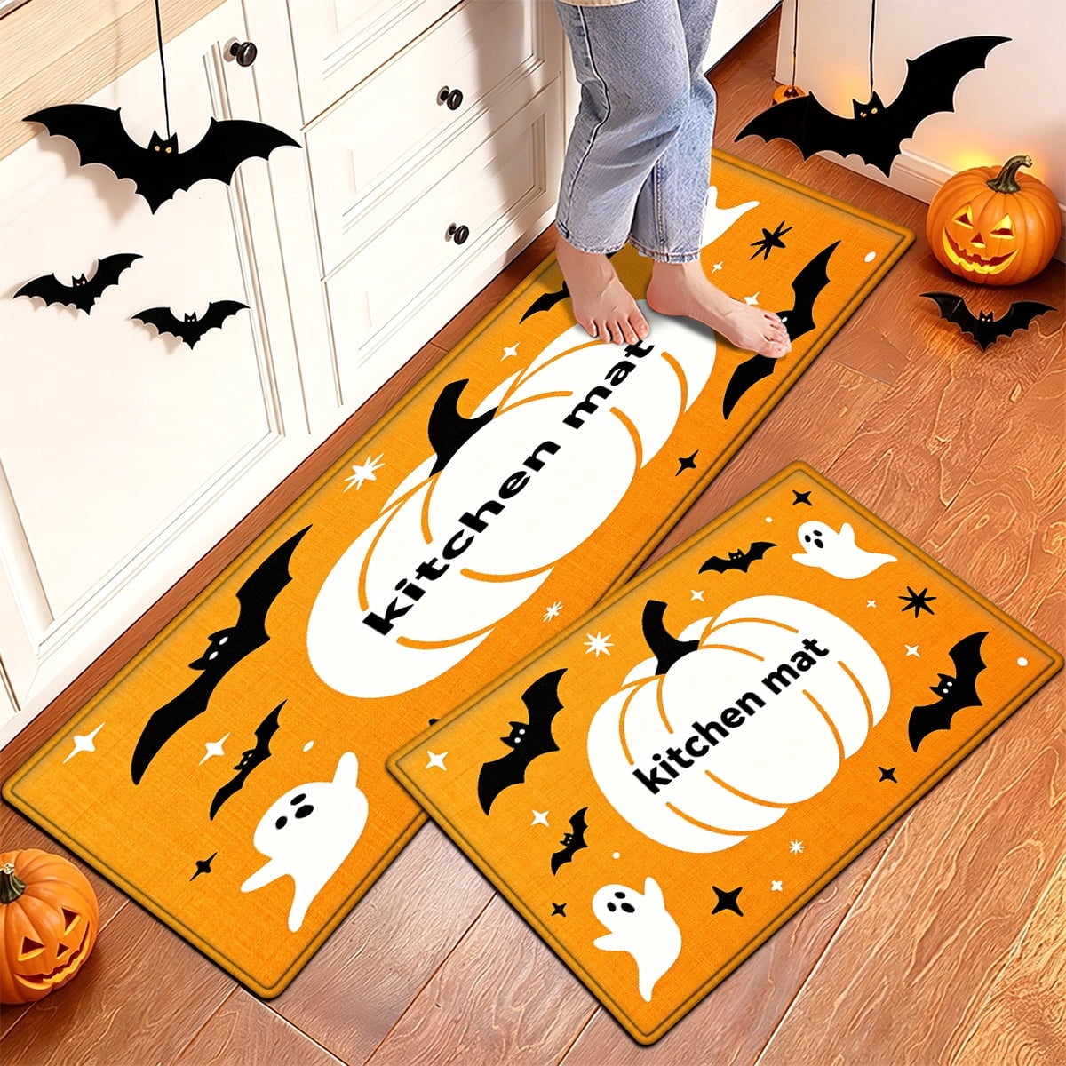YIMEIS Halloween Orange Ghost Pumpkin Black Cat 1Pc Flannel Mat & Kitchen Rugs,Soft Non-slip,16''×24'' Inches,for Entryway Bathroom
