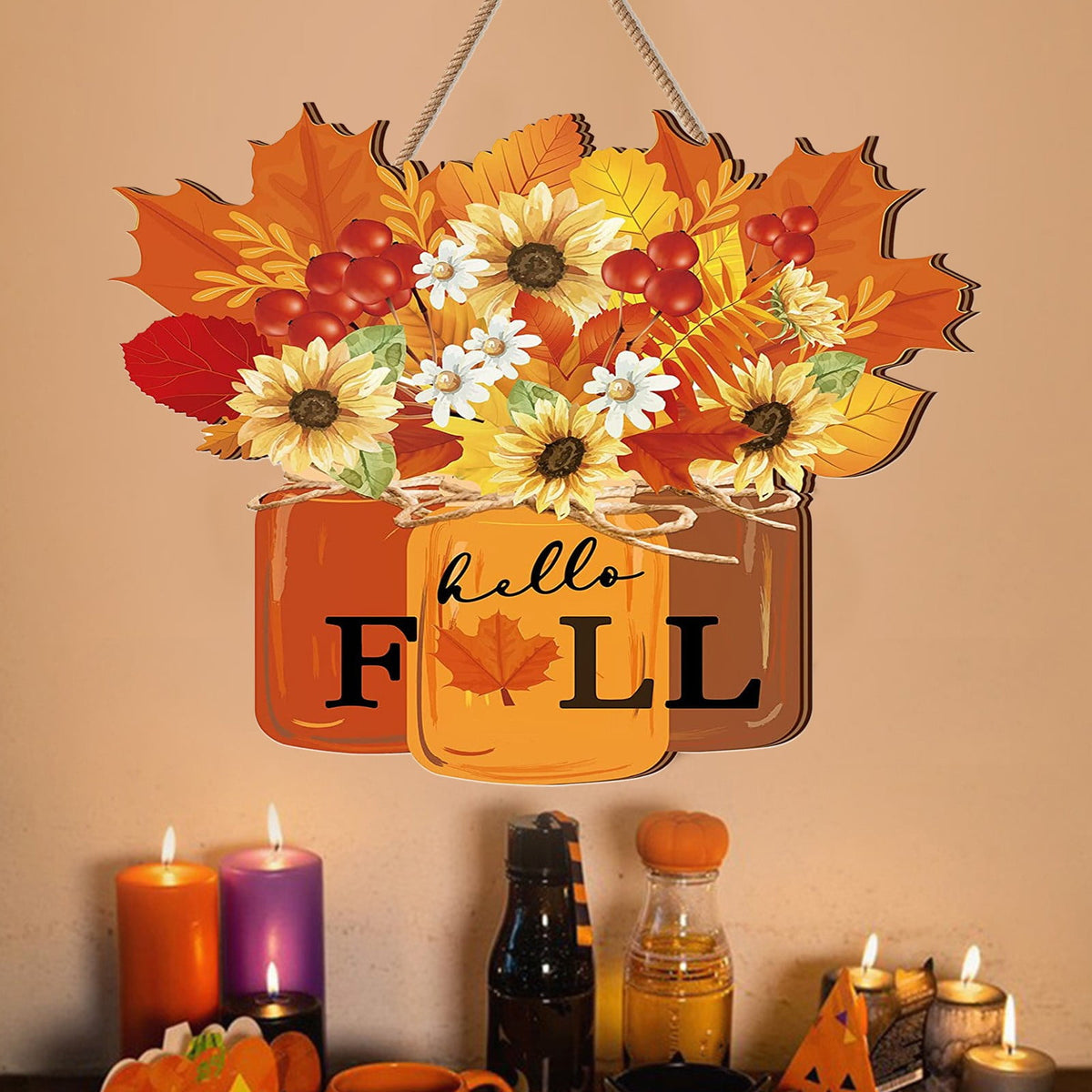 Ympuoqn Fall Wreath For Front Door Fall Leaf Pumpkin Wreath - Thanksgiving Halloween Home Outdoor Indoor Window Wall Fall Decorations,Maple Leaf Sunflower Decorated