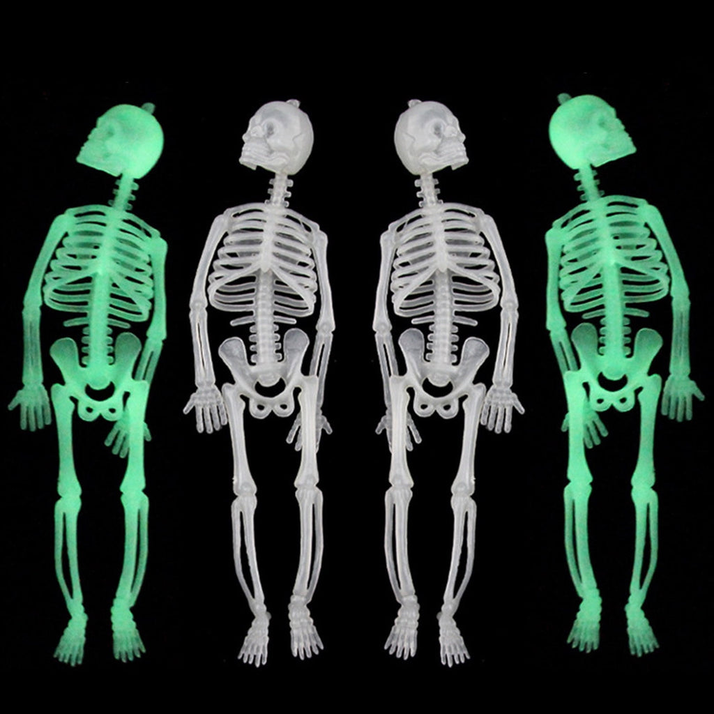 Zatoumnr 4pcs Halloween Small Skeletons Decoration 7.9 Inch Glow in The Dark Plastic Skeletons Figurine Luminous Pose able Mini Skeleton for Halloween Party Favor Decor