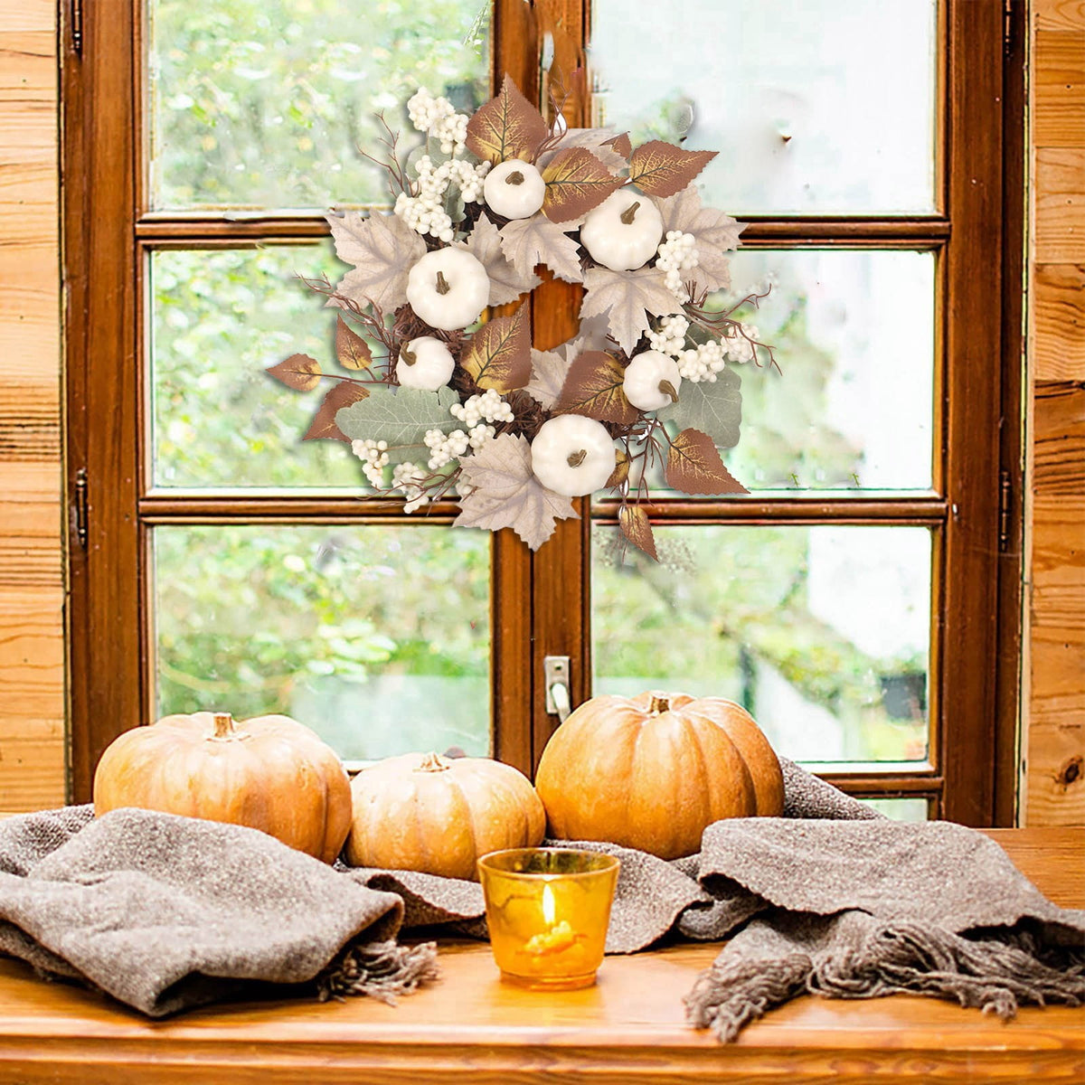 12 Inch Fall Wreath with Pumpkins & Maple Leaves - Autumn Harvest Wreath for Front Door, Thanksgiving & Halloween Farmhouse Decor