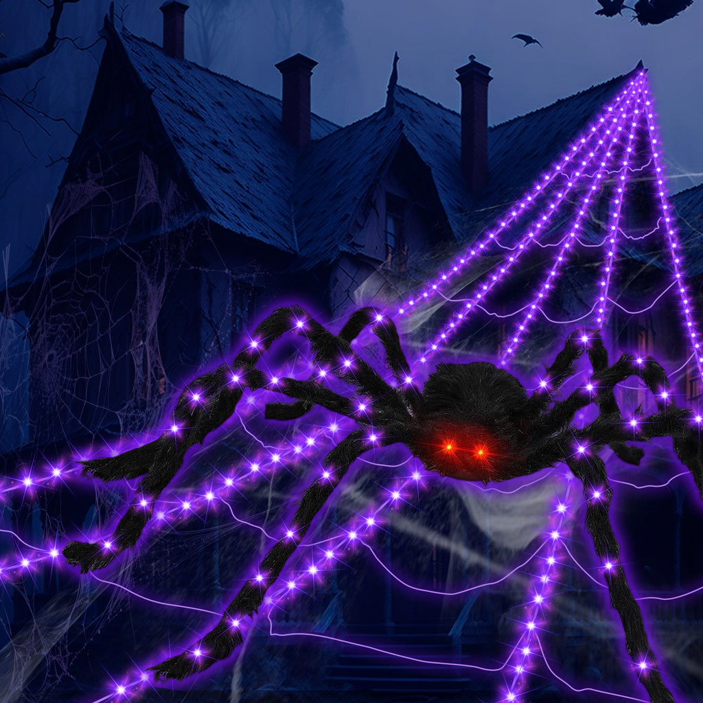 Halloween Outdoor Decoration, 250 LED Halloween Spider Light with 197'' Giant Spiderweb Artificial Spider Halloween Outdoor Decorations with Remote Control for Halloween Party Decor Yard, Garden, Hau