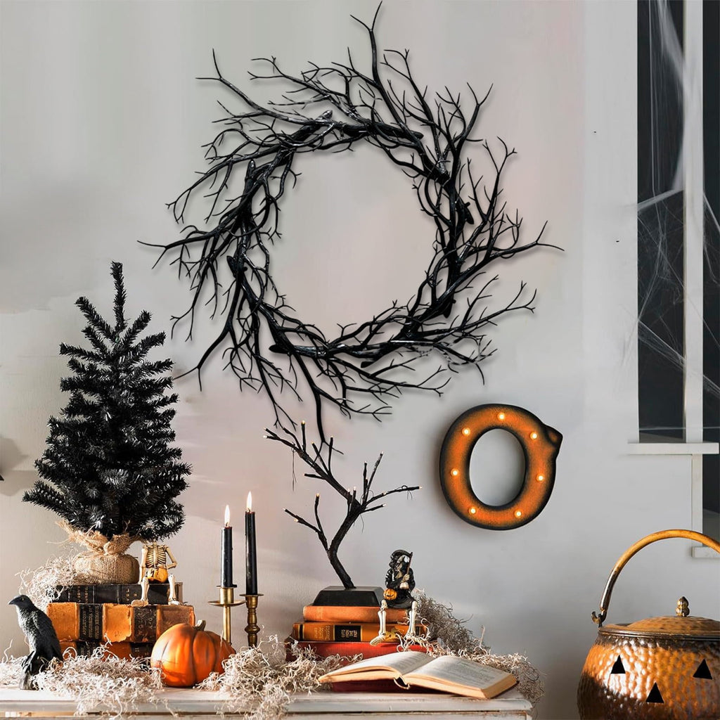 Halloween Wreath, Black Twig Wreath for Front Door, Artificial Spooky Branch Decor for Indoor Outdoor Home Party, Wall Hanging Ornament