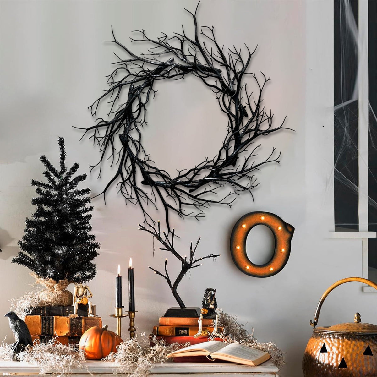 Halloween Wreath, Black Twig Wreath for Front Door, Artificial Spooky Branch Decor for Indoor Outdoor Home Party, Wall Hanging Ornament