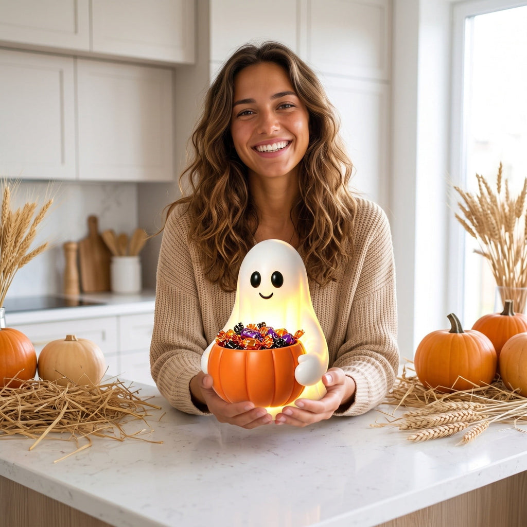 Halloween Decoration Ghost Figurine 11in Resin Ghost Statues with Pumpkin Candy Bowl for Outdoor Indoor Front Door, Porch Yard Lawn Party Decor