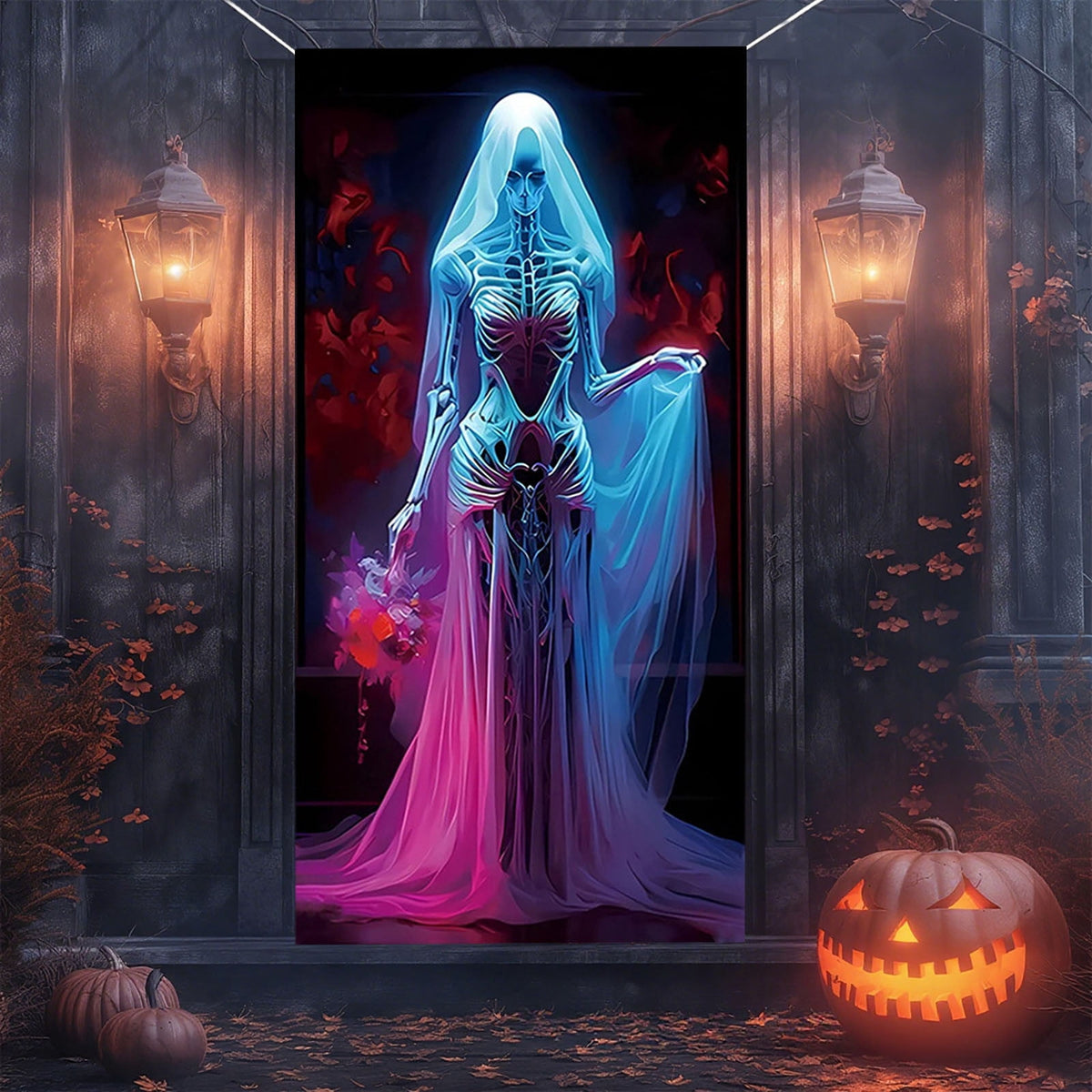 Taicans Spooky Skeleton Bride Halloween Door Cover Decor,Scary Halloween Front Door Banner Covering Decorations,Horror maze Decor,Halloween Decorations for Front Door,Haunted Mansion Decor,71x35in