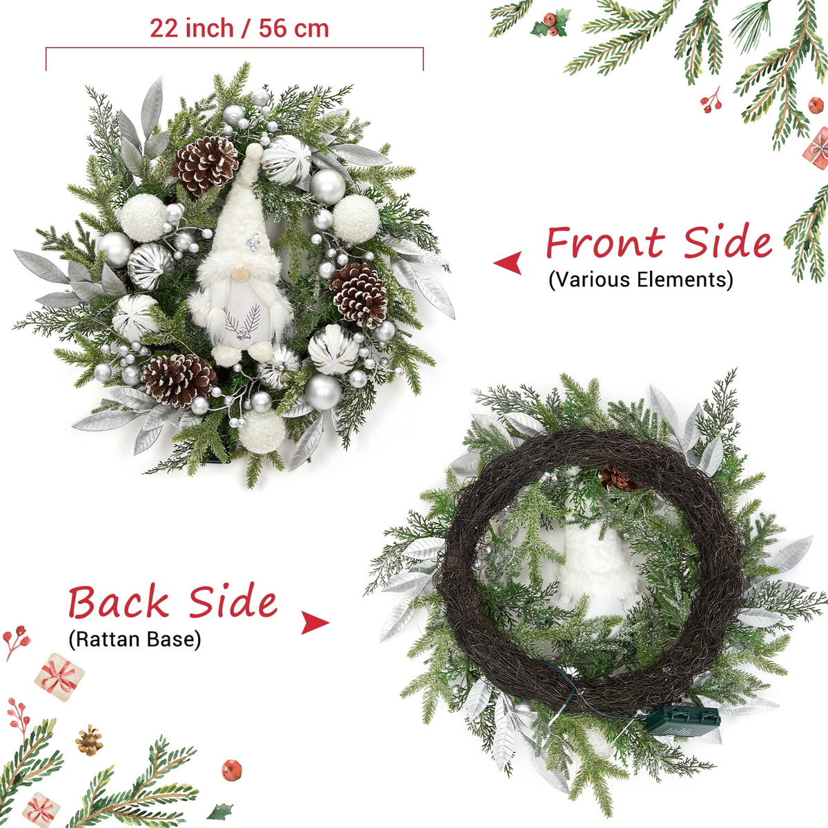 JoanKaren 24 inch Large Christmas Wreath Silver White with 20 LED Lights,Prelit Xmas Wreath w/ Ball Ornaments Pine Cone