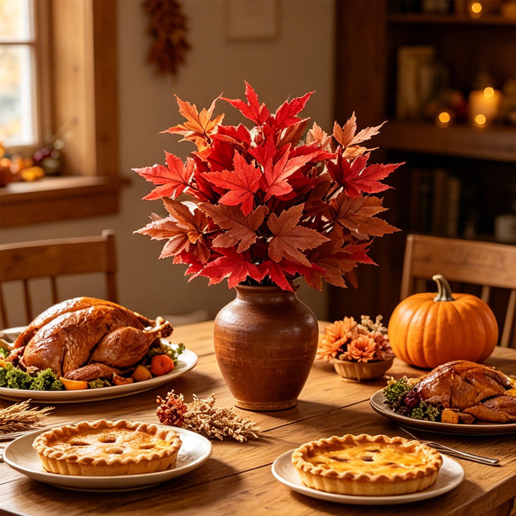 SPOORYYO 2Pcs Fall Maple Leaves Stems for Vase, Artificial Autumn Fake Leaves Decor, Maple Leaf Bushes Shrubs for Thanksgiving Halloween Home Farmhouse Table Centerpiece, 12.99" x 7.87"