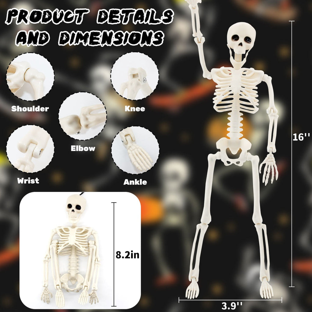 Posable Halloween Skeleton Decor, 4 Packs 16 Inches Full Body Posable Joints Hanging Skeletons for Halloween Haunted House Party Home Props Decorations