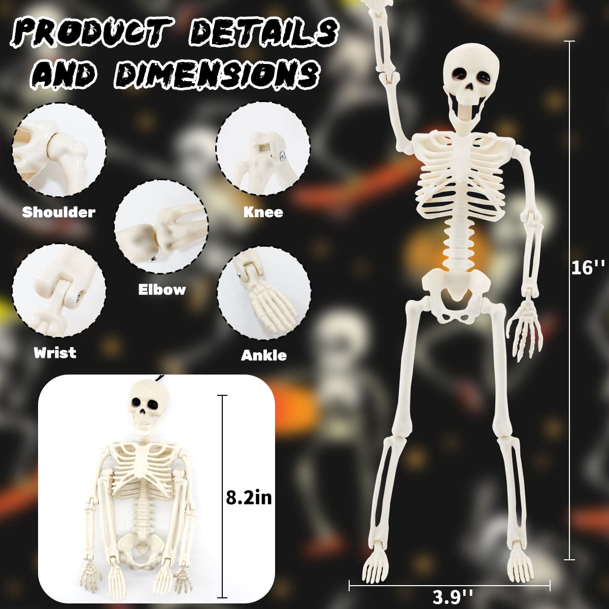 Posable Halloween Skeleton Decor, 4 Packs 16 Inches Full Body Posable Joints Hanging Skeletons for Halloween Haunted House Party Home Props Decorations